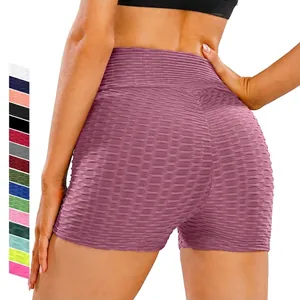 Women High Waist Yoga Shorts Honeycomb Bubble Texture Tummy Control Butt Lifting Sports Shorts Gym Fitness Bottoms