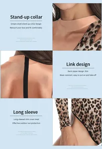 Detail view of the stand-up collar and hidden back zipper on leopard print bodysuit