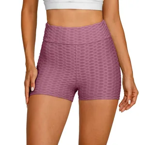 High-waist purple honeycomb texture scrunch yoga shorts with elastic compression fit
