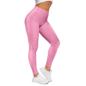 Pink high waisted textured honeycomb yoga leggings for women with athletic fit