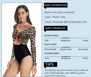 Detail of leopard print long sleeve swimsuit with hollow out front and fabric specs