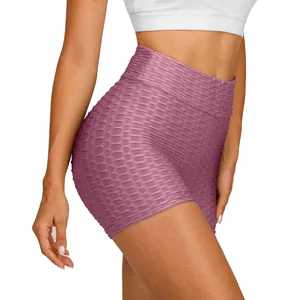 High waist honeycomb bubble yoga shorts in lotus pink for women with elastic lift