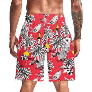 Rear view of men's red beach shorts featuring 3D tropical palm trees and fruit patterns