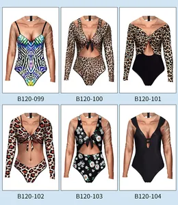 Collage of long sleeve one-piece swimsuits with leopard, zebra, and floral 3D digital prints