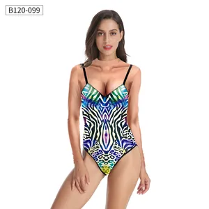 Detail of colorful zebra print swimsuit with deep V-neckline and thin shoulder straps