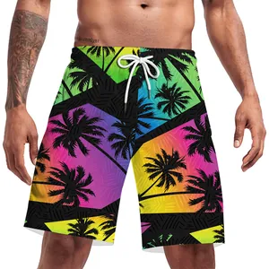 Men's 3D coconut tree print beach shorts with vibrant rainbow gradient and drawstring