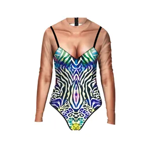 Detail of 3D digital illusion leopard print and back zipper on long sleeve swimsuit