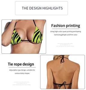 Detail of neon green zebra print bikini featuring adjustable tie rope design and high elasticity