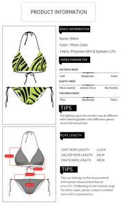 Size chart for zebra print bikini showing fabric composition and detailed measurements