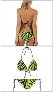 Detail of green zebra print bikini showing adjustable halter ties and side-tie bottoms