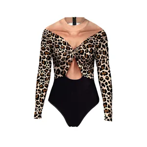 Detail of leopard print bodysuit showing 3D digital print and back zipper closure