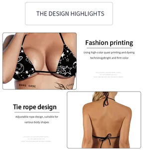 Detail van zwarte halter bikini top met sterrenprint en verstelbare strikbandjes
