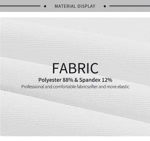 Detail of white fabric showing 88% polyester and 12% spandex texture and composition