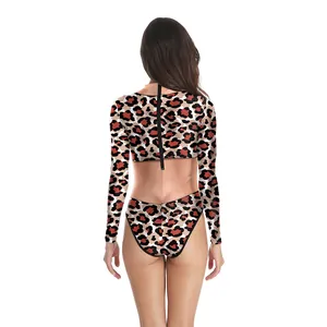 Detail view of leopard print swimsuit back featuring a high-waist cut and long black zipper