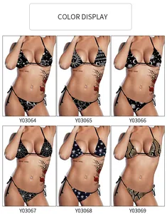 Kleurenoverzicht van zes punkbikini's met diverse 3D digitale donkere thema-prints