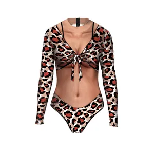 Detail of 3D illusion leopard bikini print on a long sleeve bodysuit with back zipper