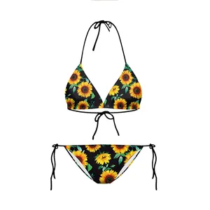 Two-piece bikini set with vibrant sunflower print and adjustable neck and side ties