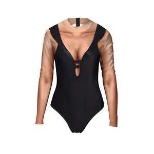 Detail of 3D leopard skin print on long sleeve swimsuit with back zipper and ruffles