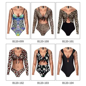 Women Sexy Leopard Print Long Sleeve One Piece Swimsuit Cutout Bow Digital Print Sun Protection Bathing Suit Monokini Swimwear