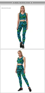 Vue avant et latérale de l'ensemble fitness femme avec motif paillettes vertes et legging