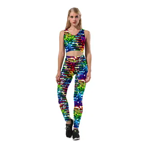 Legging Imprimé Écailles de Poisson Sirène pour Femmes Taille Haute Slim Fit Motif Arc-en-Ciel Pantalon de Sport Extensible