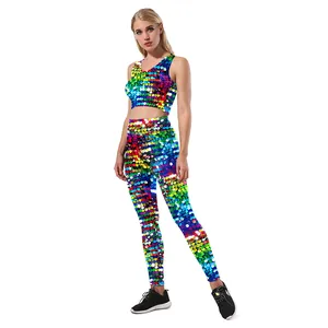 Ensemble sport 2 pièces pour femme avec sequins arc-en-ciel sur le haut et le legging
