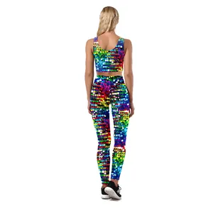 Ensemble de fitness deux pièces pour femmes avec paillettes 3D multicolores et pantalon taille haute