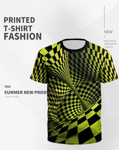 Detail of 3D yellow and black checkerboard optical illusion print on round neck t-shirt