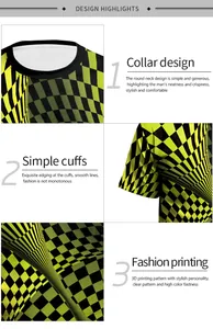 Detail view of round neck, sleeve cuffs and 3D digital checkered print on the T-shirt