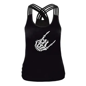 Canotta da Donna Gothic Punk con Stampa Teschio Sole Luna Schiena Incrociata Vestibilità Aderente Top Senza Maniche Streetwear