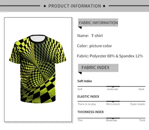 Detail view of 3D checkered vortex T-shirt fabric specs and 88% polyester material info