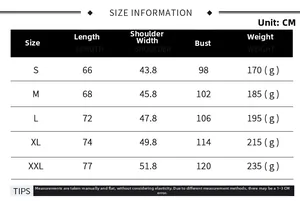 Detailed size chart for 3D printed t-shirt showing length, shoulder, bust, and weight in CM