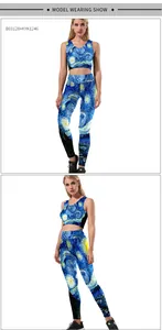 Détail de l'imprimé La Nuit Étoilée de Van Gogh sur le crop top et le legging de sport