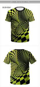 Detailed front and back views of 3D yellow and black vortex checkerboard print t-shirt
