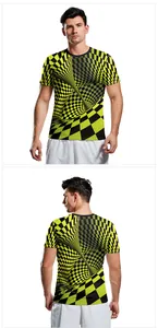 Detail of 3D optical illusion green and black checkerboard swirl print on a men's t-shirt
