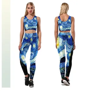 Ensemble de Sport Femme Imprimé Artistique La Nuit Étoilée Van Gogh Haut Et Bas Fitness Yoga Crop Top et Leggings