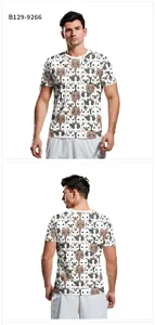 Front and back view of men's T-shirt featuring a detailed 3D cartoon cat print pattern