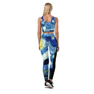 Ensemble fitness deux pièces pour femmes avec imprimé La Nuit Étoilée, crop top et legging
