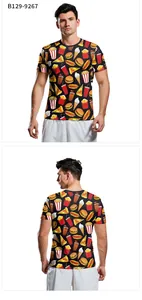 Detail view showing full 3D digital fast food print on a black crew neck T-shirt