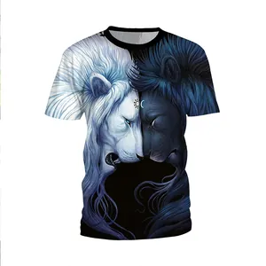 T-shirt nera con stampa leone 3D, girocollo e motivo grafico artistico con leoni