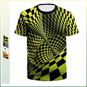 Men's T-shirt with 3D illusion checkerboard print in neon green and black colors