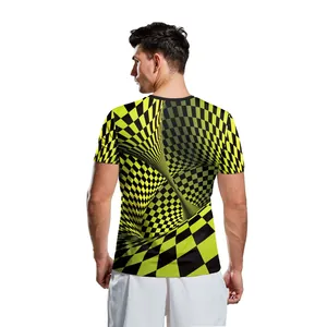 Men's T-shirt with 3D optical illusion yellow and black checkerboard pattern back view
