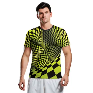 Men's slim fit T-shirt with 3D yellow and black checkerboard optical illusion print