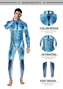 Detail of blue men's skeletal muscle bodysuit with 3D digital printing for parties