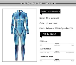 Detail specifications of muscle print jumpsuit with 88 percent polyester and 12 percent spandex