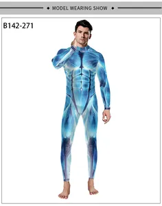 Detailed view of men's muscle fiber print bodysuit showing the high elasticity and sleek fit
