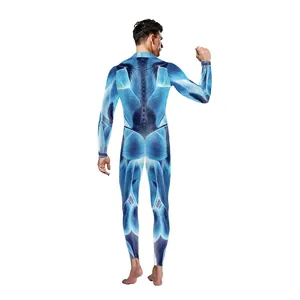Men's blue muscle anatomy printed bodysuit jumpsuit for Halloween cosplay costumes