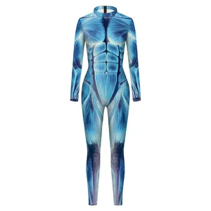 Front view of men blue 3D muscle anatomy print bodysuit jumpsuit for cosplay and performance