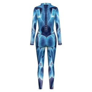 Blue skeleton pattern bodysuit for men with long sleeves and back invisible zipper