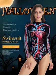 Dettaglio costume da bagno a maniche lunghe con stampa cuore anatomico Halloween